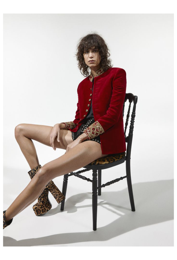 SAINT LAURENT PARIS RED VELVET JACKET AND BLACK CORDUROY STAR SHORTS ENSEMBLE 2018