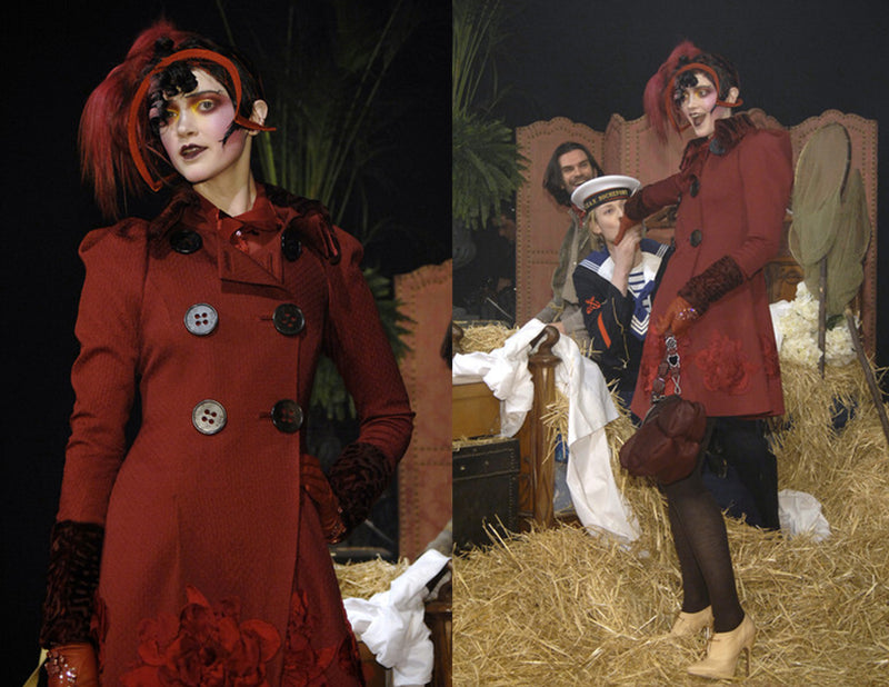 JOHN GALLIANO BURGUNDY RED COAT WITH CURLY LAMB COLLAR AND CUFFS 2007