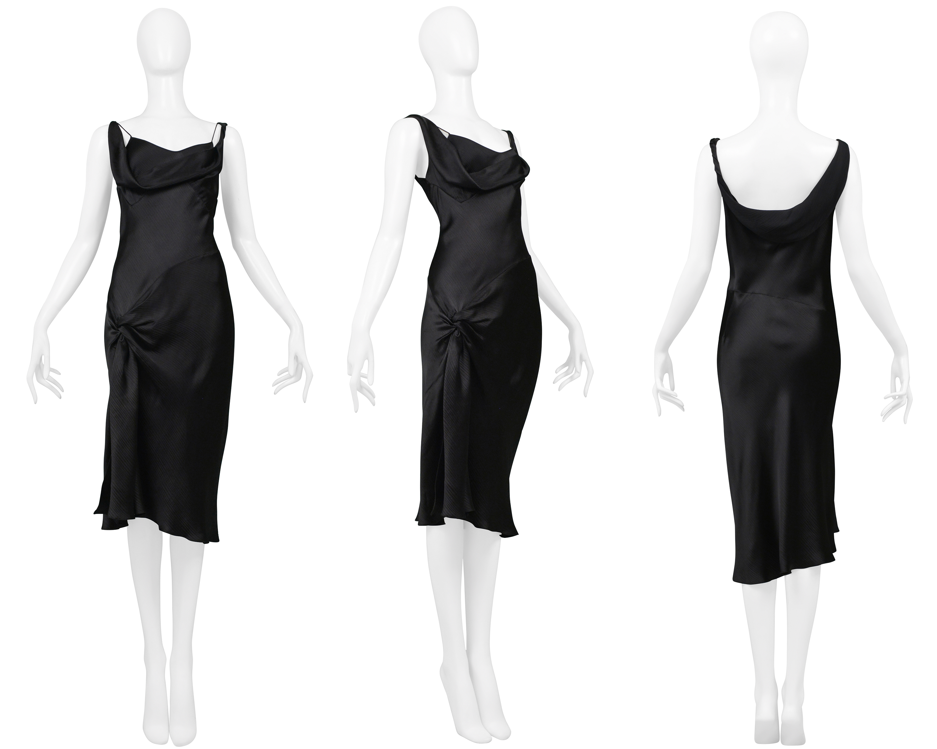 JOHN GALLIANO BLACK SATIN SLIP DRESS WITH HIP KNOT AND SLIT
