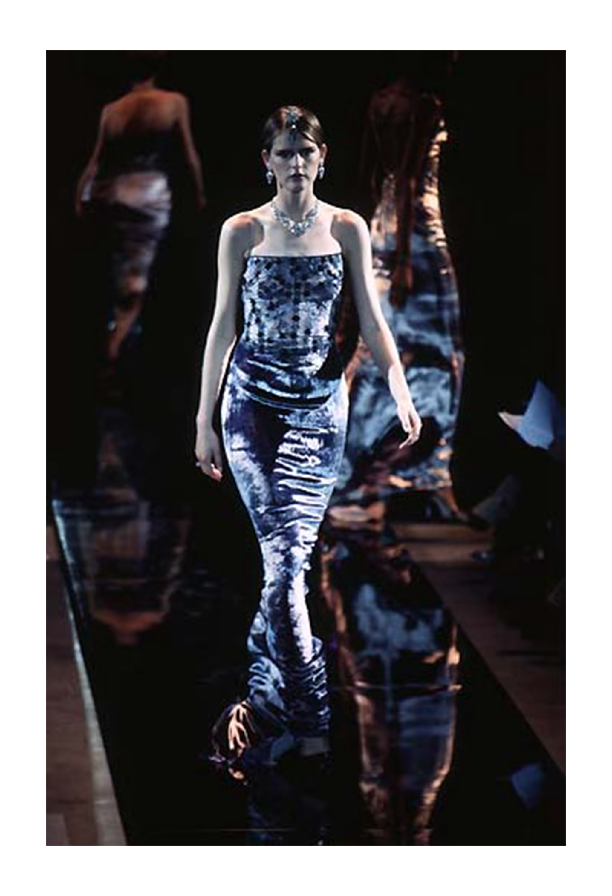 BADGLEY MISCHKA SILVER VELVET EVENING GOWN WITH SKIN STRAPS AND BEADING 1997