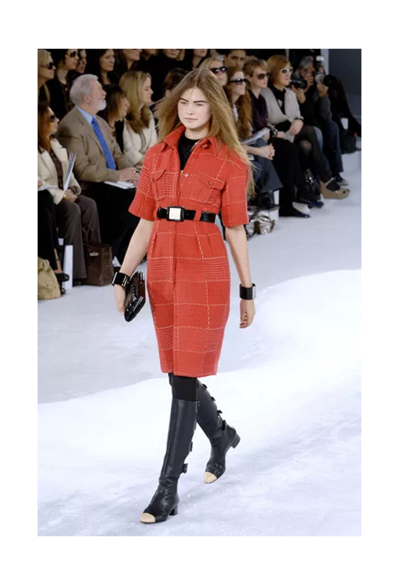 CHANEL BY KARL LAGERFELD RED TWEED DAY DRESS WITH FANCY BELT 2007