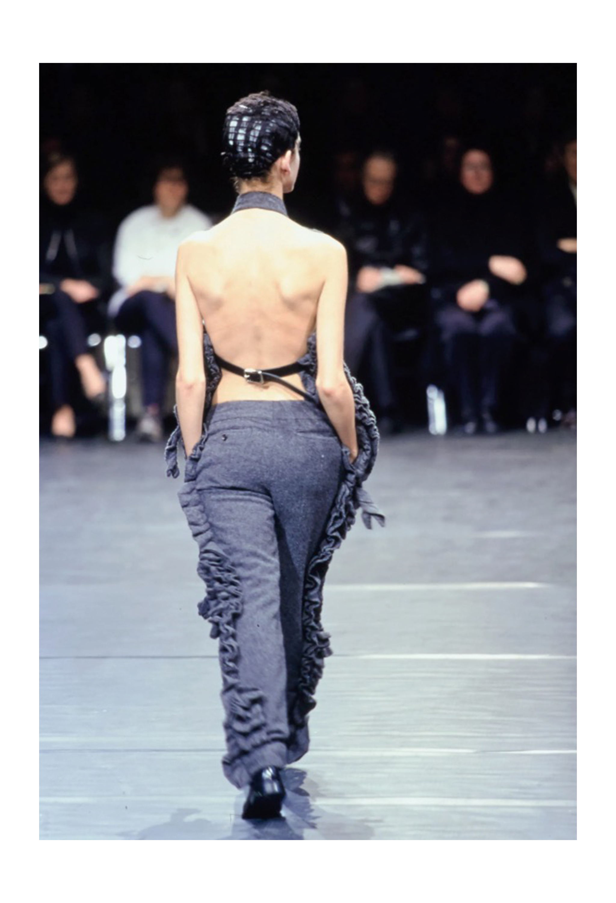 COMME DES GARCONS GREY WOOL VEST WITH RUFFLES AND OPEN BACK AND LEATHER STRAP 2000-2001