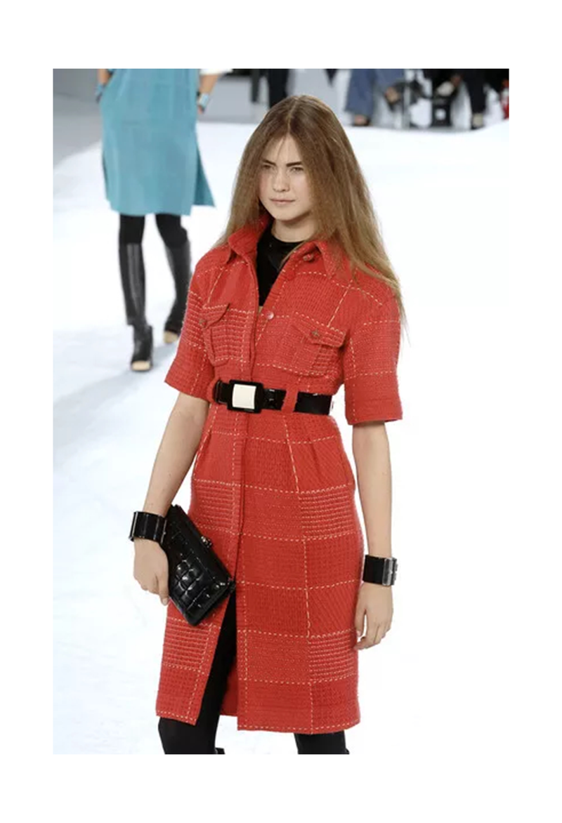 CHANEL BY KARL LAGERFELD RED TWEED DAY DRESS WITH FANCY BELT 2007