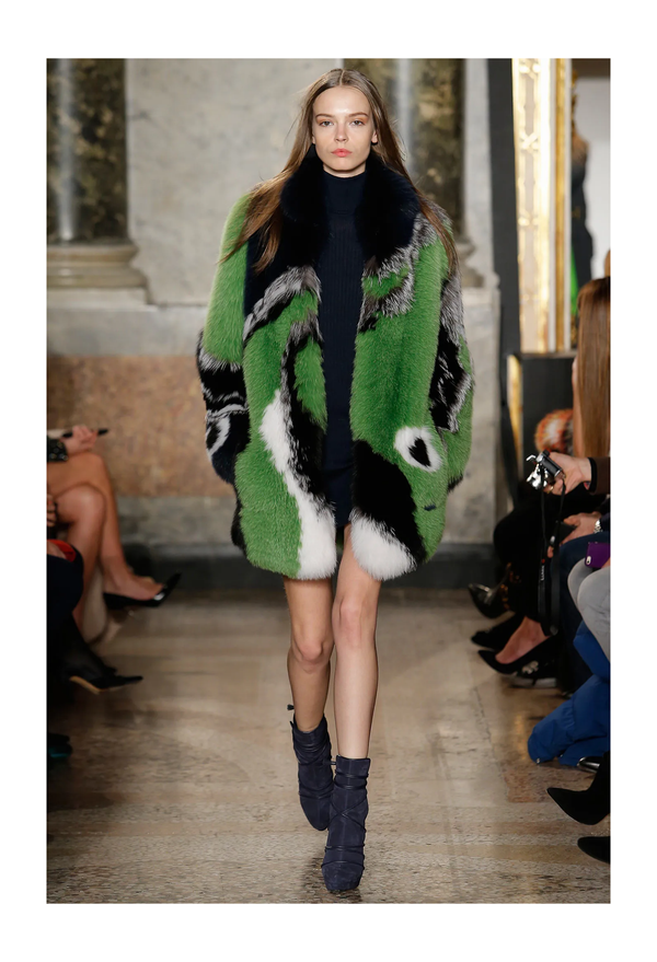 PUCCI GREEN BLACK WHITE AND GREY FOX FUR COAT 2015