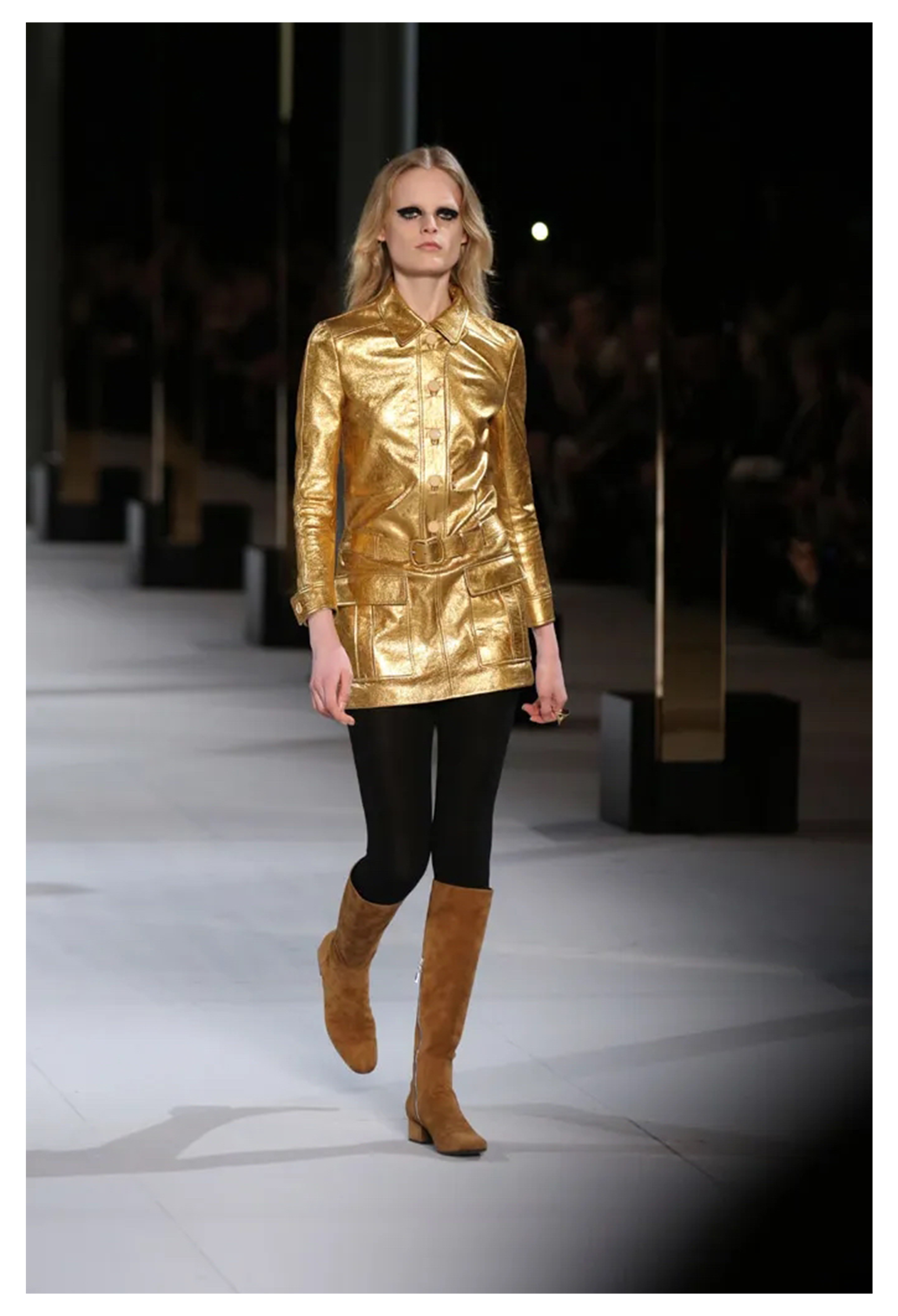 SAINT LAURENT PARIS BY HEDI SLIMANE GOLD LEATHER MOTO MINI DRESS 2014