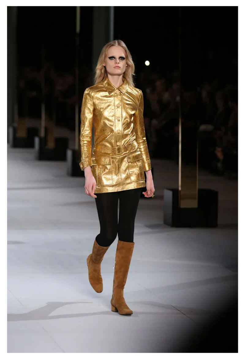 SAINT LAURENT PARIS BY HEDI SLIMANE GOLD LEATHER MOTO MINI DRESS 2014