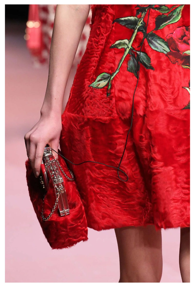 DOLCE & GABBANA  RED FUR DRESS WITH ROSE APPLIQUES 2015