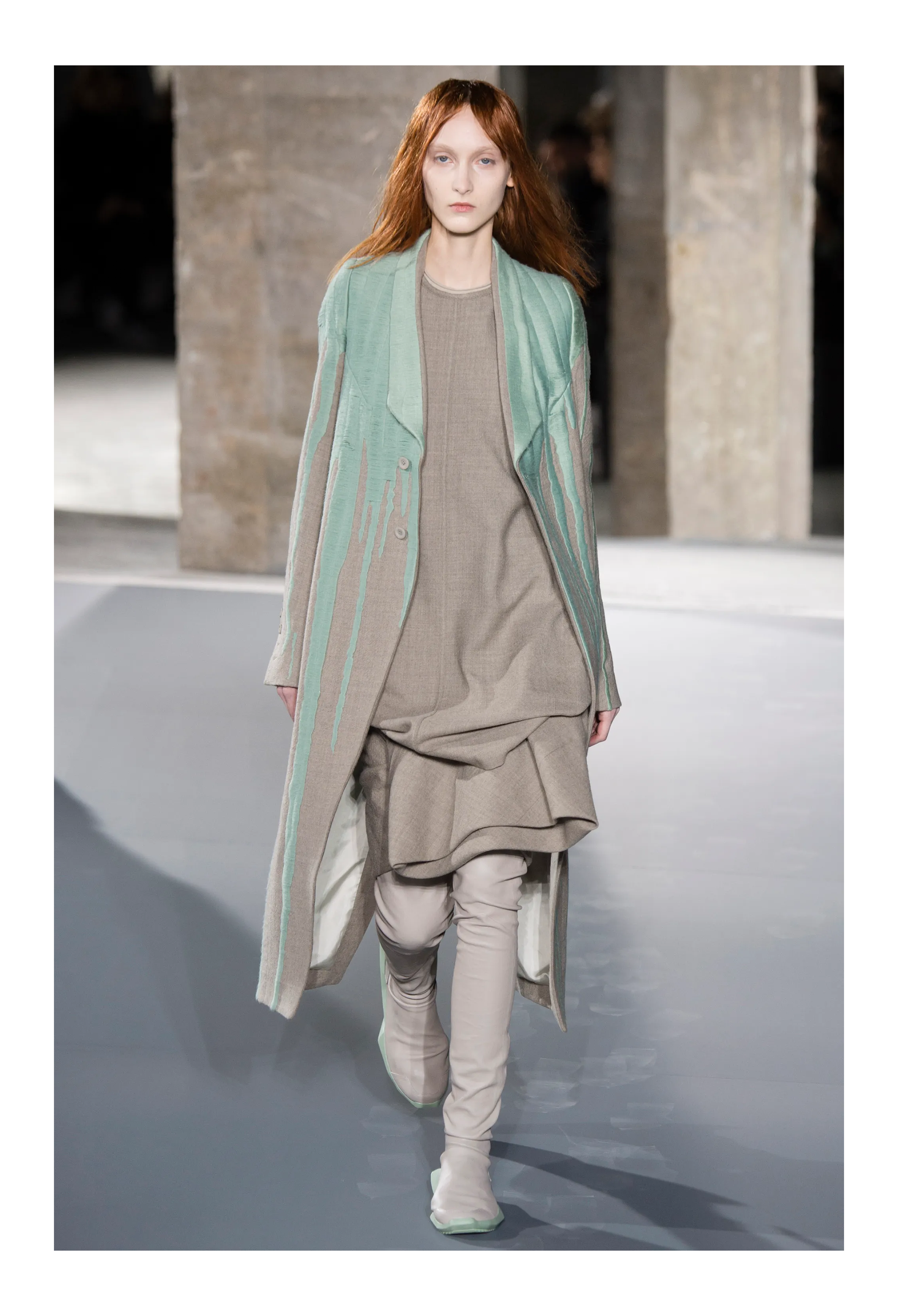 RICK OWENS GREY "VOMIT" COAT WITH GREEN STITCHING 2016