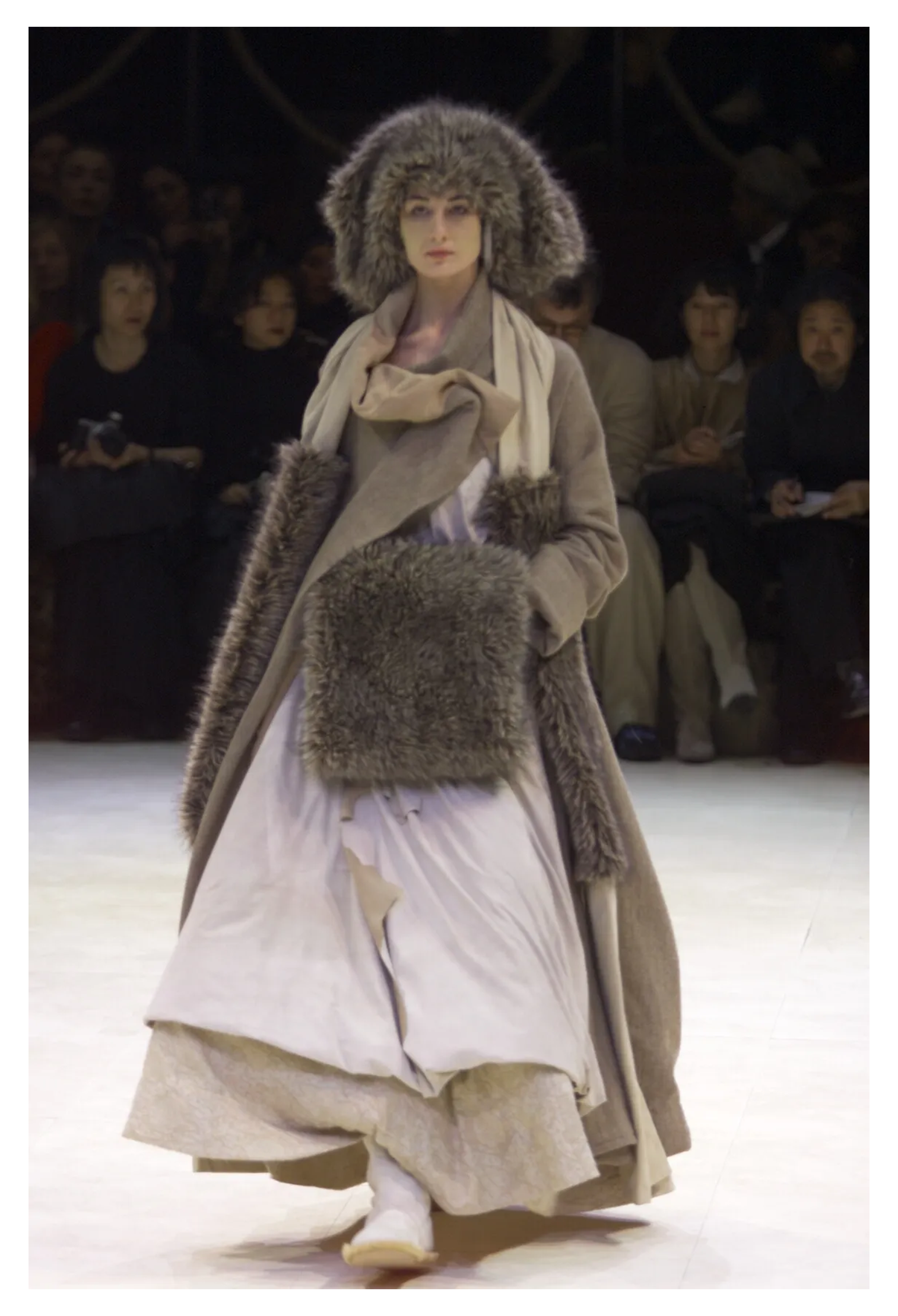 YOHJI YAMAMOTO CAMEL DRAPED CAPE COAT WITH HIGH NECK & ONE SLEEVE 2000