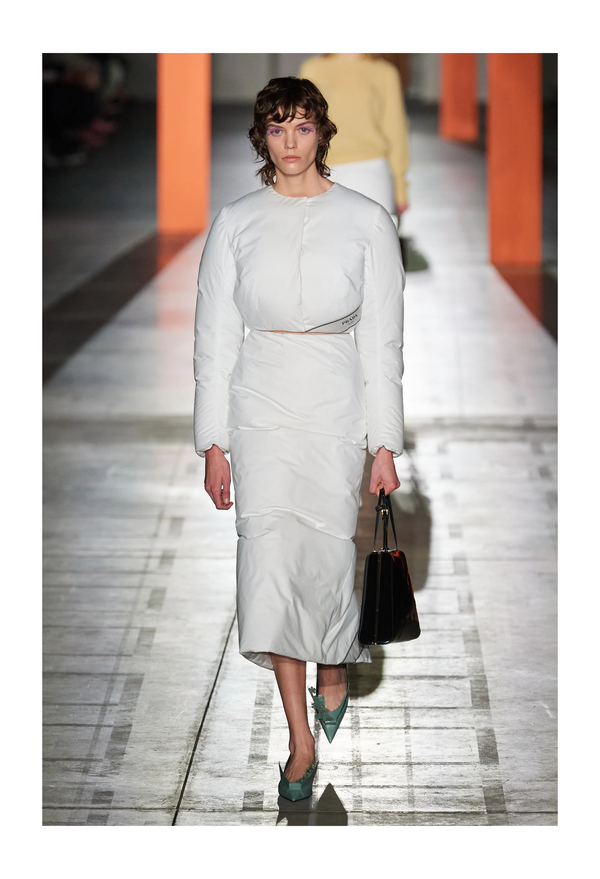 PRADA BY RAF SIMONS WHITE COTTON PADDED JACKET AND MINI SKIRT 2023