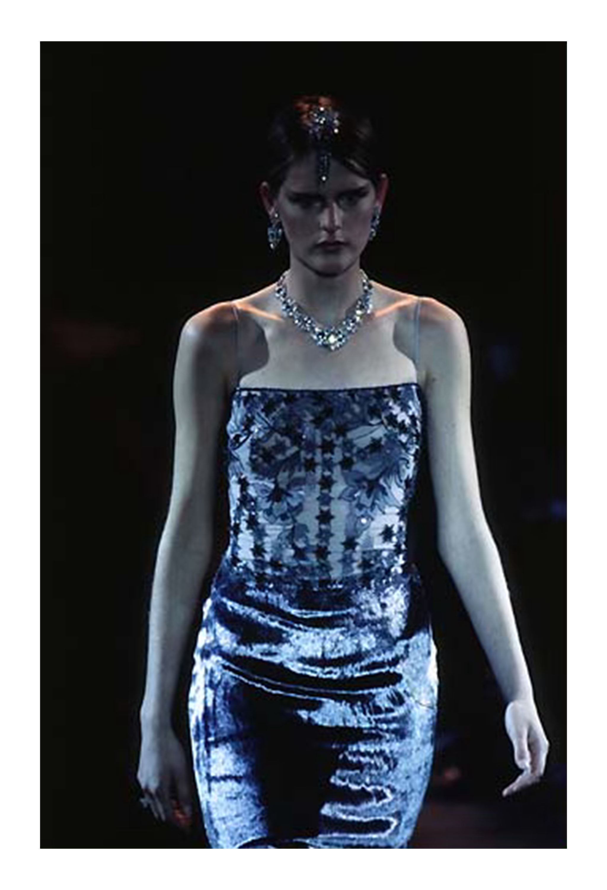 BADGLEY MISCHKA SILVER VELVET EVENING GOWN WITH SKIN STRAPS AND BEADING 1997