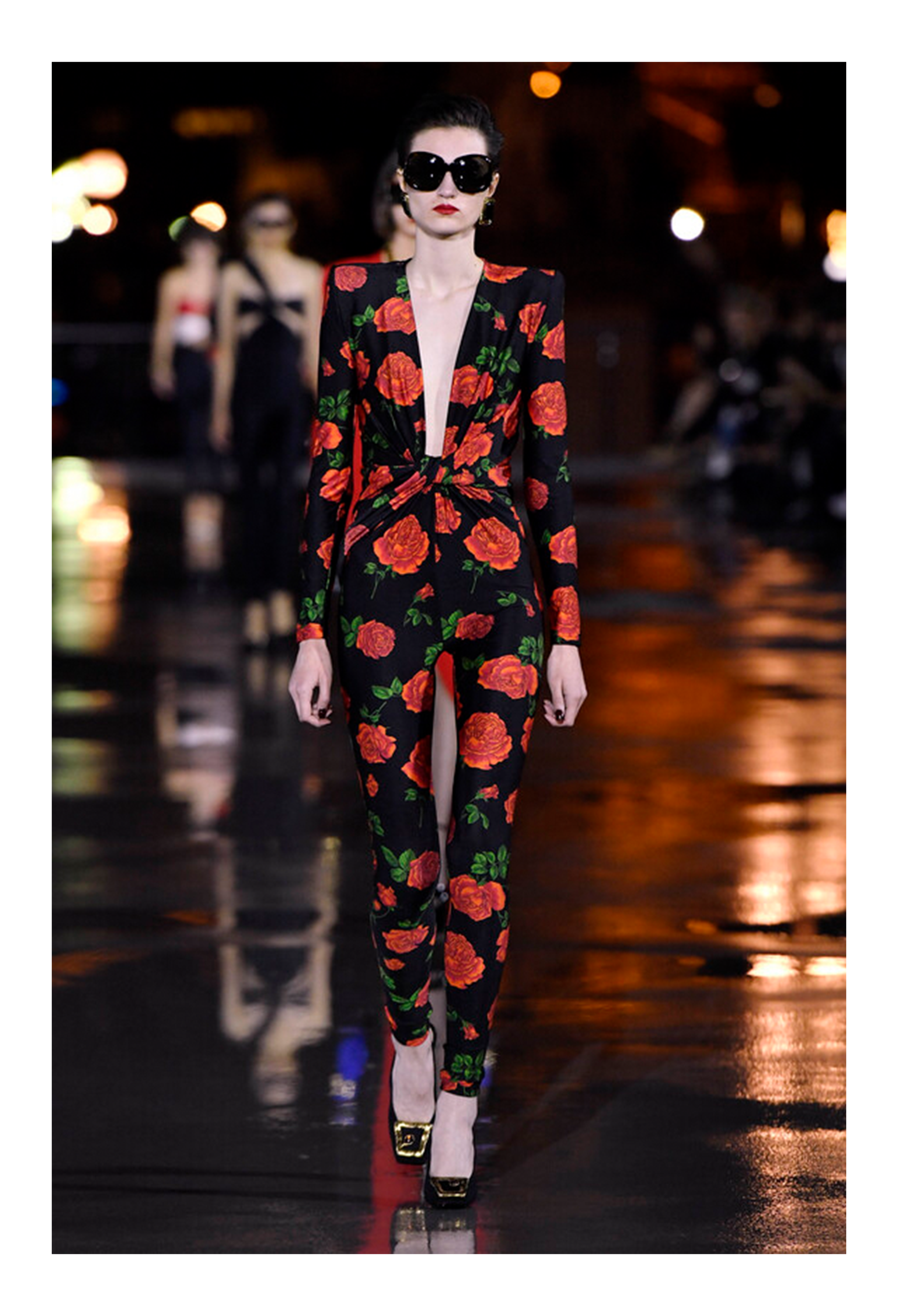 SAINT LAURENT PARIS BLACK JUMPSUIT WITH RED ROSE PRINT