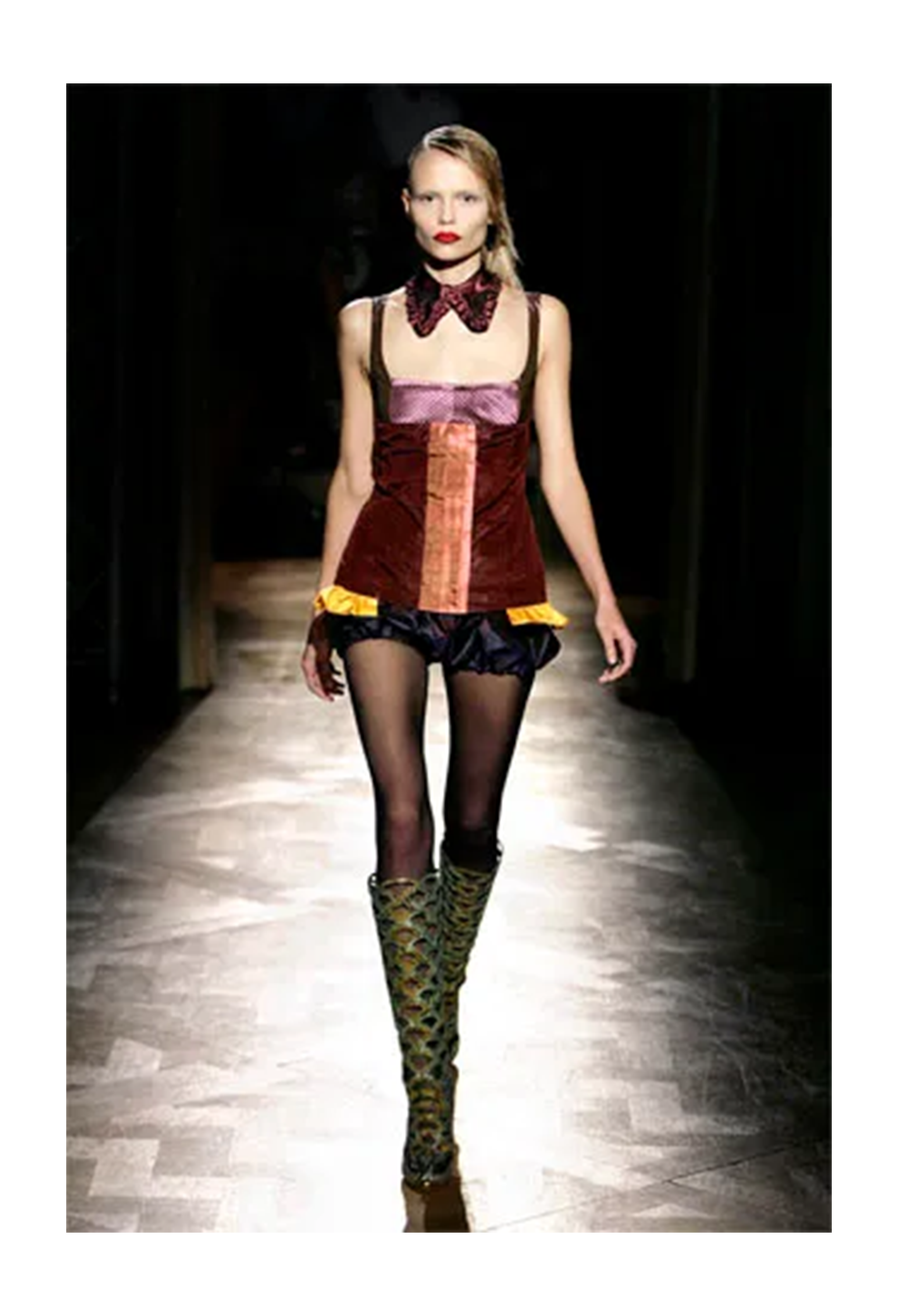 MIU MIU PURPLE RED AND YELLOW PLEATED TOP WITH RUFFLE HEM 2008