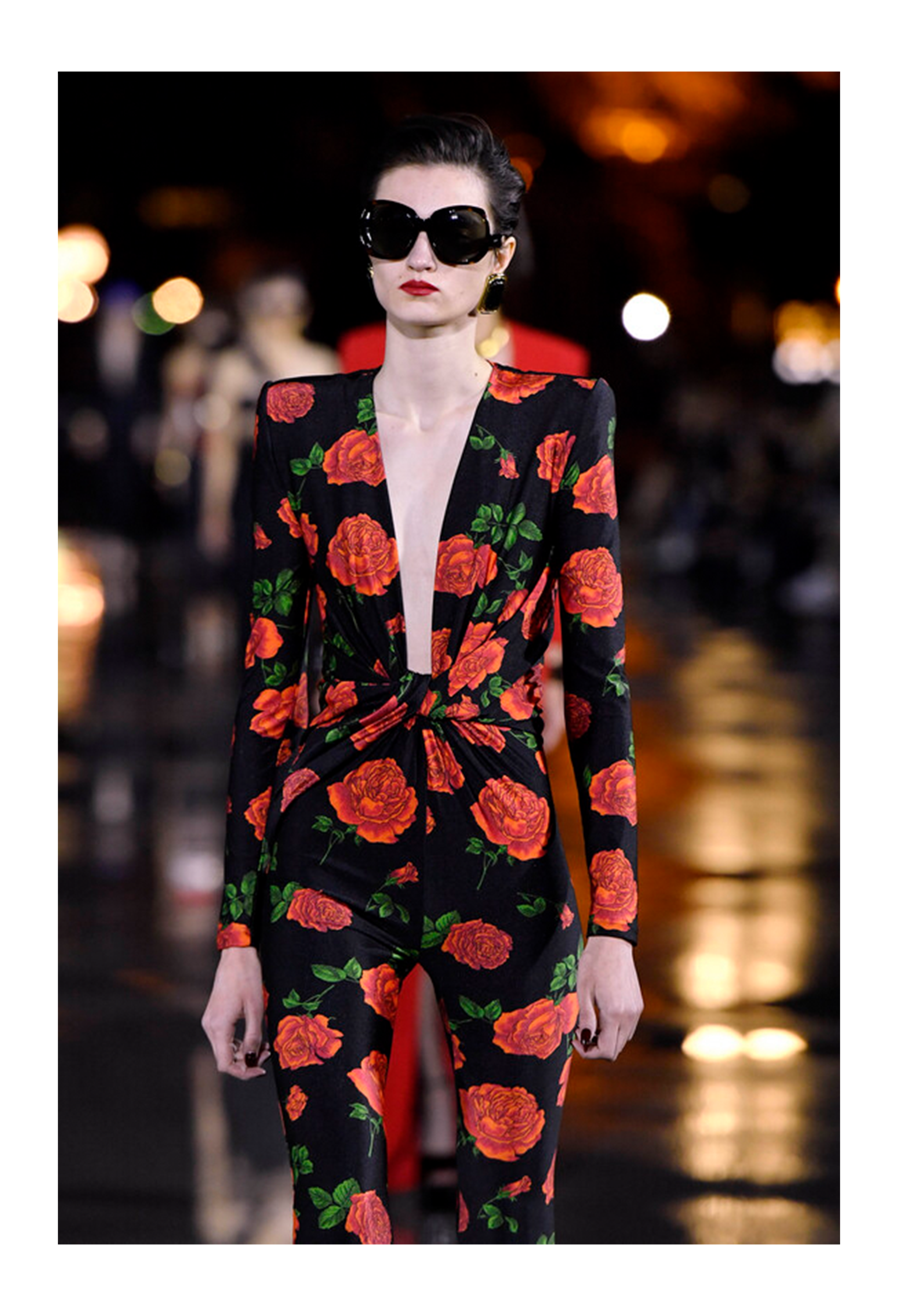 SAINT LAURENT PARIS BLACK JUMPSUIT WITH RED ROSE PRINT