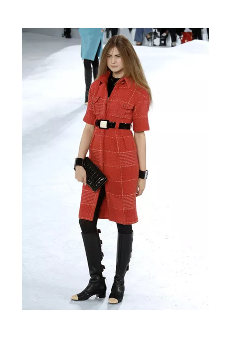 CHANEL BY KARL LAGERFELD RED TWEED DAY DRESS WITH FANCY BELT 2007