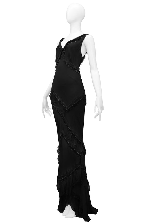 John Galliano Vintage SS 1996 Exceptional Black Embridered Eyelet Floral Asymmetric Full Length Gown