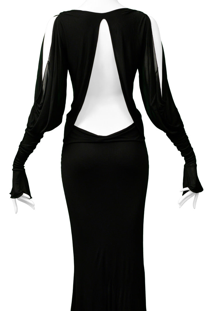 ROBERTO CAVALLI BLACK CUTOUT JERSEY EVENING GOWN 2006