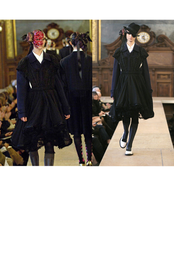 COMME DES GARCONS NAVY PINSTRIPE & BLACK RIBBON FANCY COAT DRESS 2006
