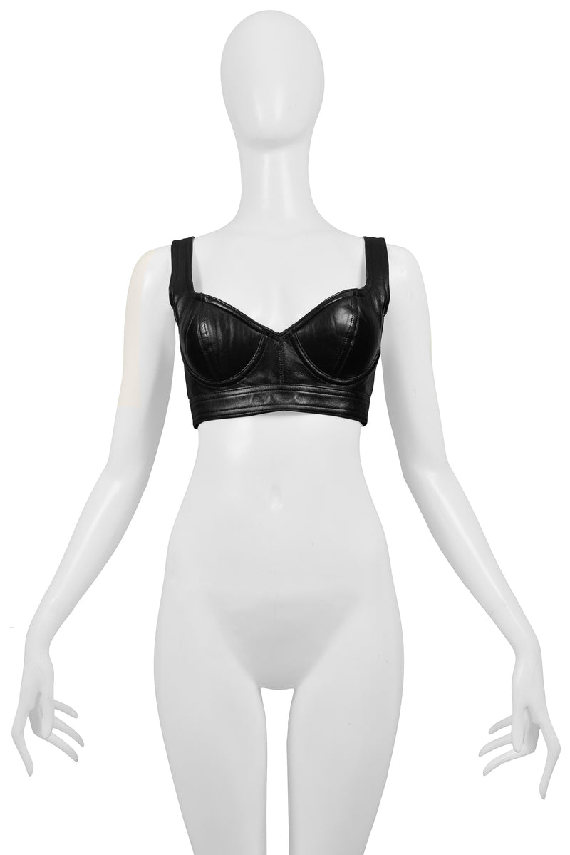 ALAIA BLACK LEATHER BRA WITH DOUBLE BUCKLE BACK