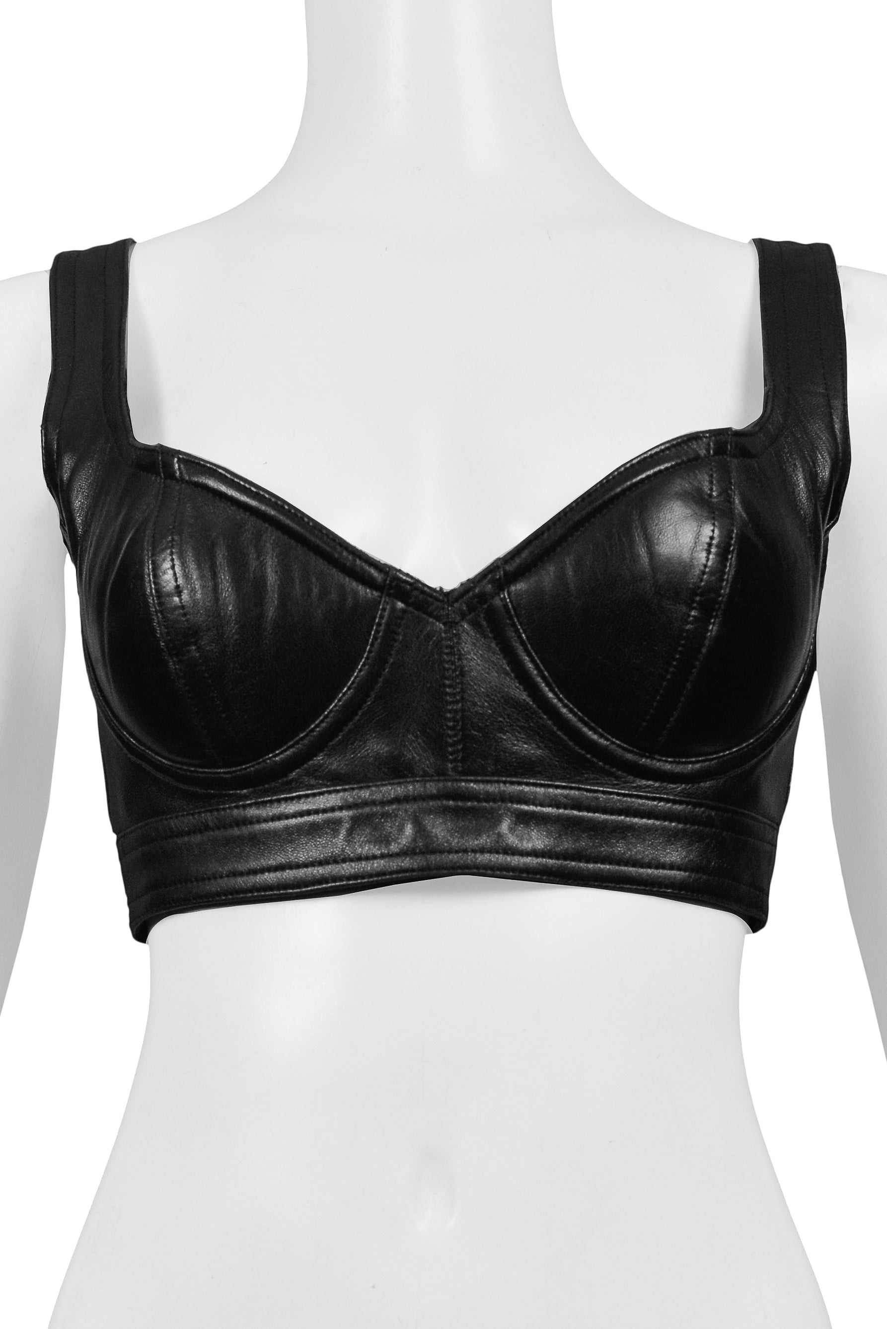 ALAIA BLACK LEATHER BRA WITH DOUBLE BUCKLE BACK