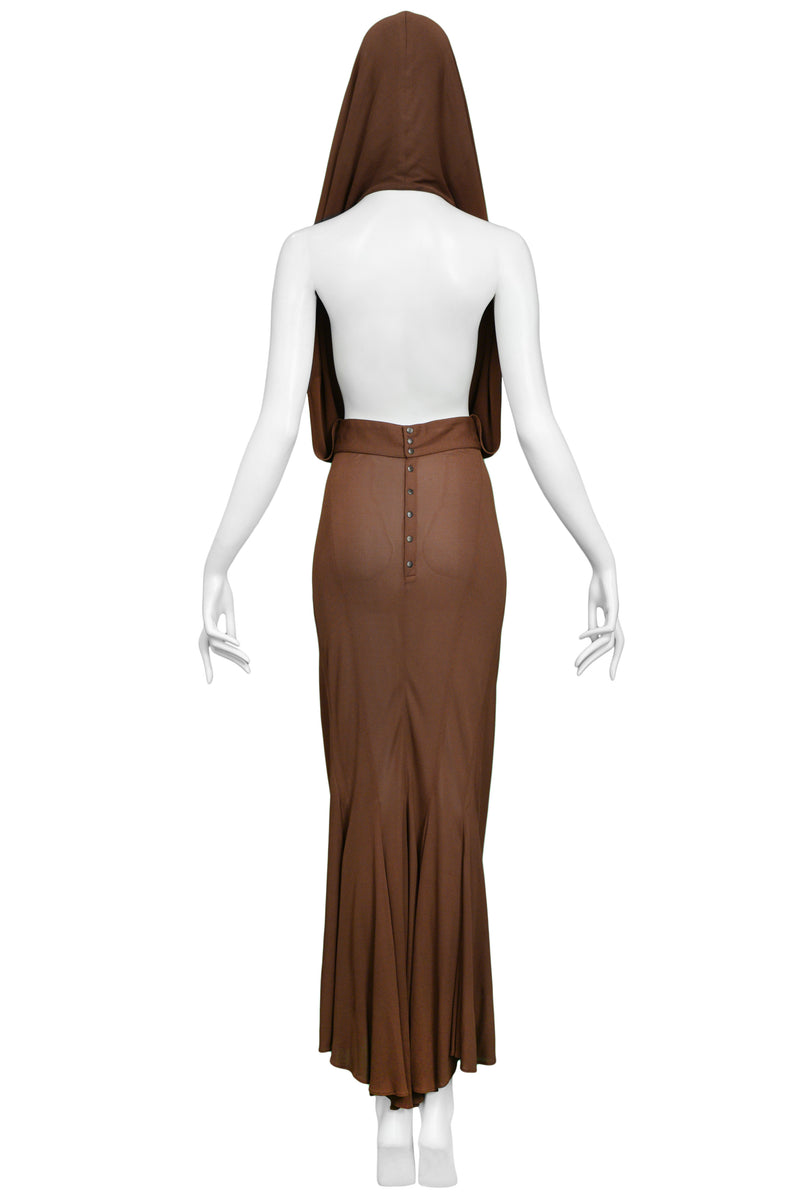 ALAIA BROWN HOODED EVENING GOWN 1984