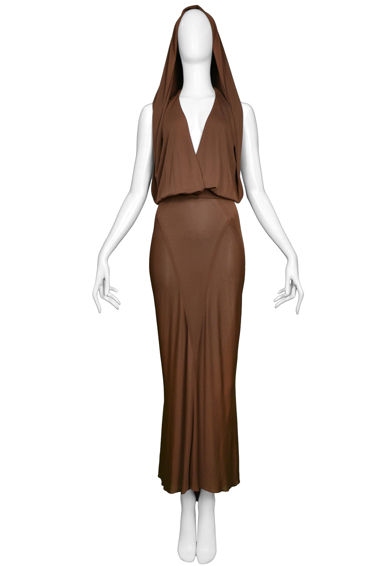 ALAIA BROWN HOODED EVENING GOWN 1984