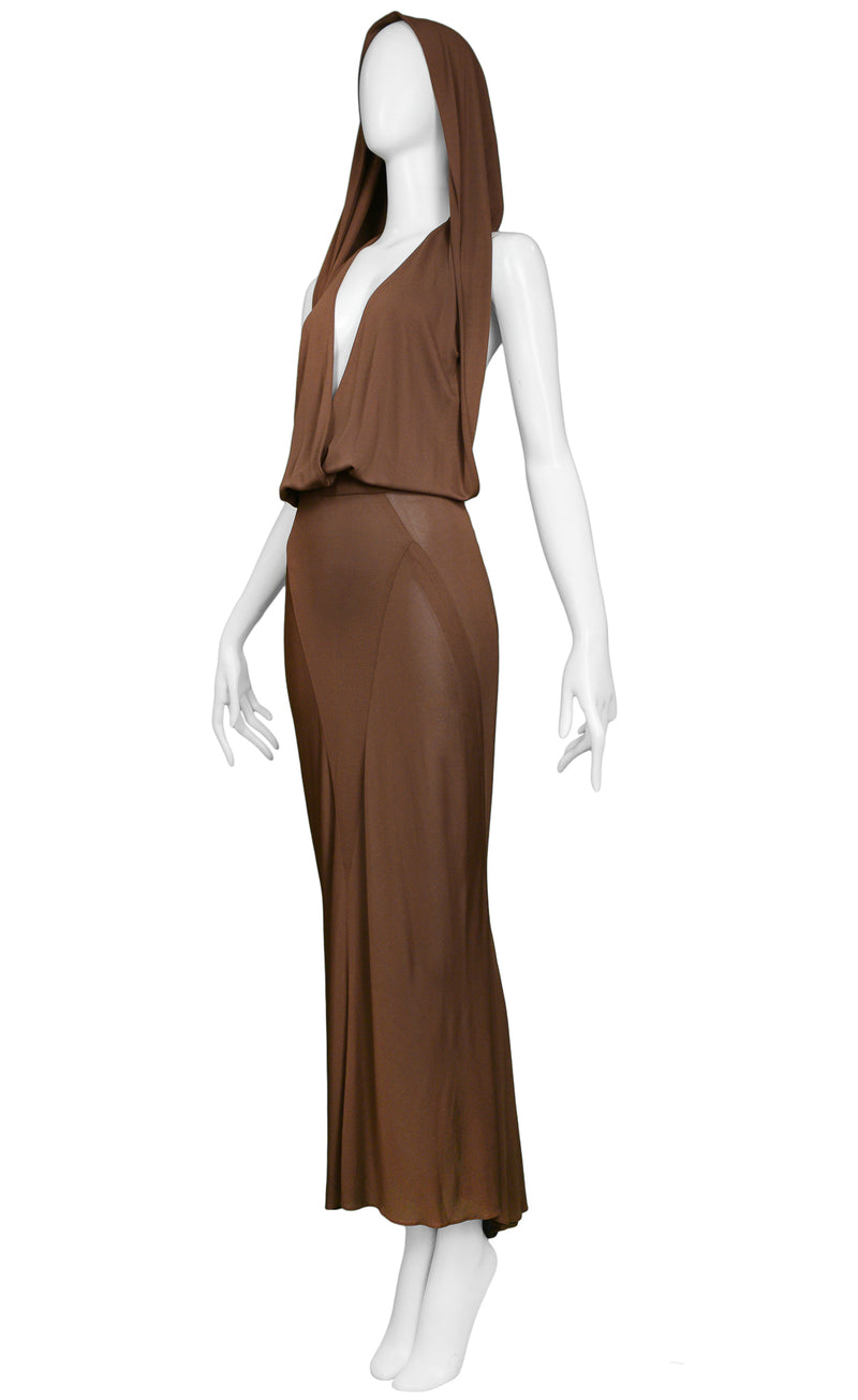 ALAIA BROWN HOODED EVENING GOWN 1984