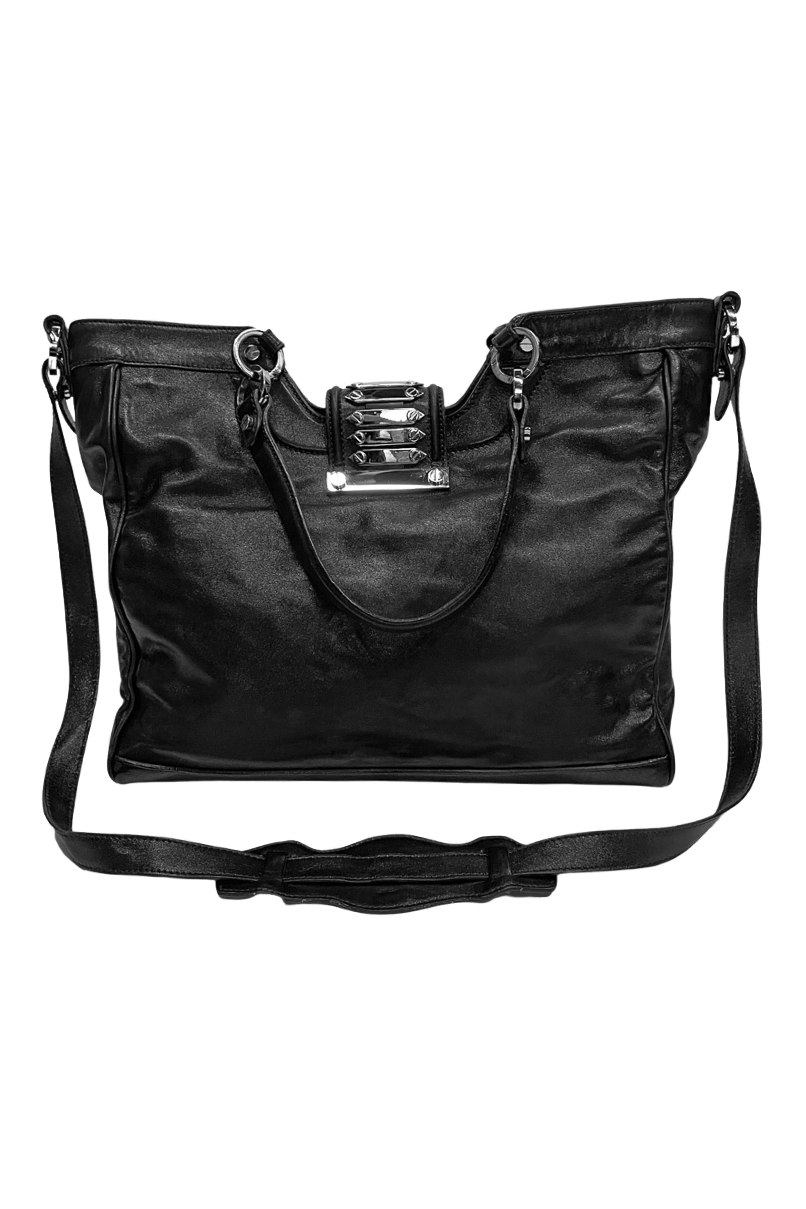 新作人気モデル AND LEATHER BLACK BALENCIAGA STUDDED 2007 BAG MESSENGER CHROME ショルダーバッグ
