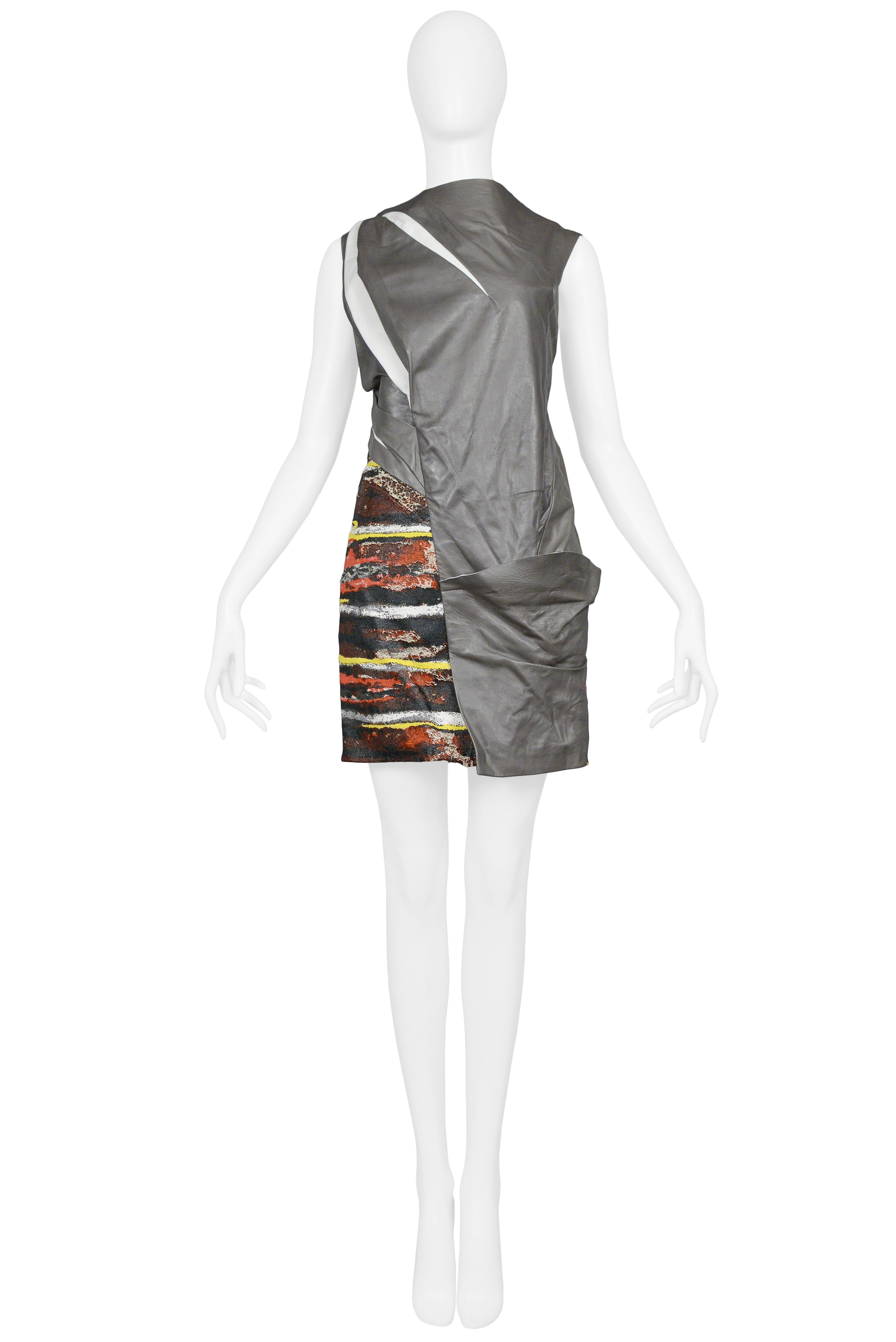 BALENCIAGA FUTURISTIC GREY LEATHER & PRINT DRESS 2010