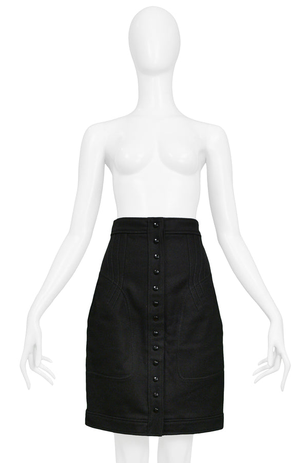 BALENCIAGA BY GHESQUIERE BLACK SNAP FRONT LIGHT WEIGHT WOOL SKIRT 2003