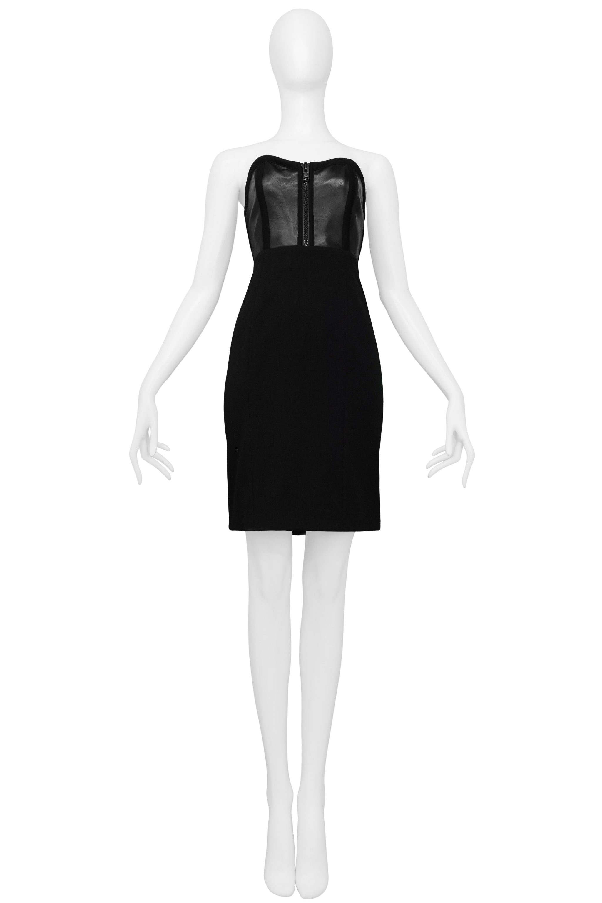GEOFFREY BEENE BLACK LEATHER & WOOL STRAPLESS DRESS