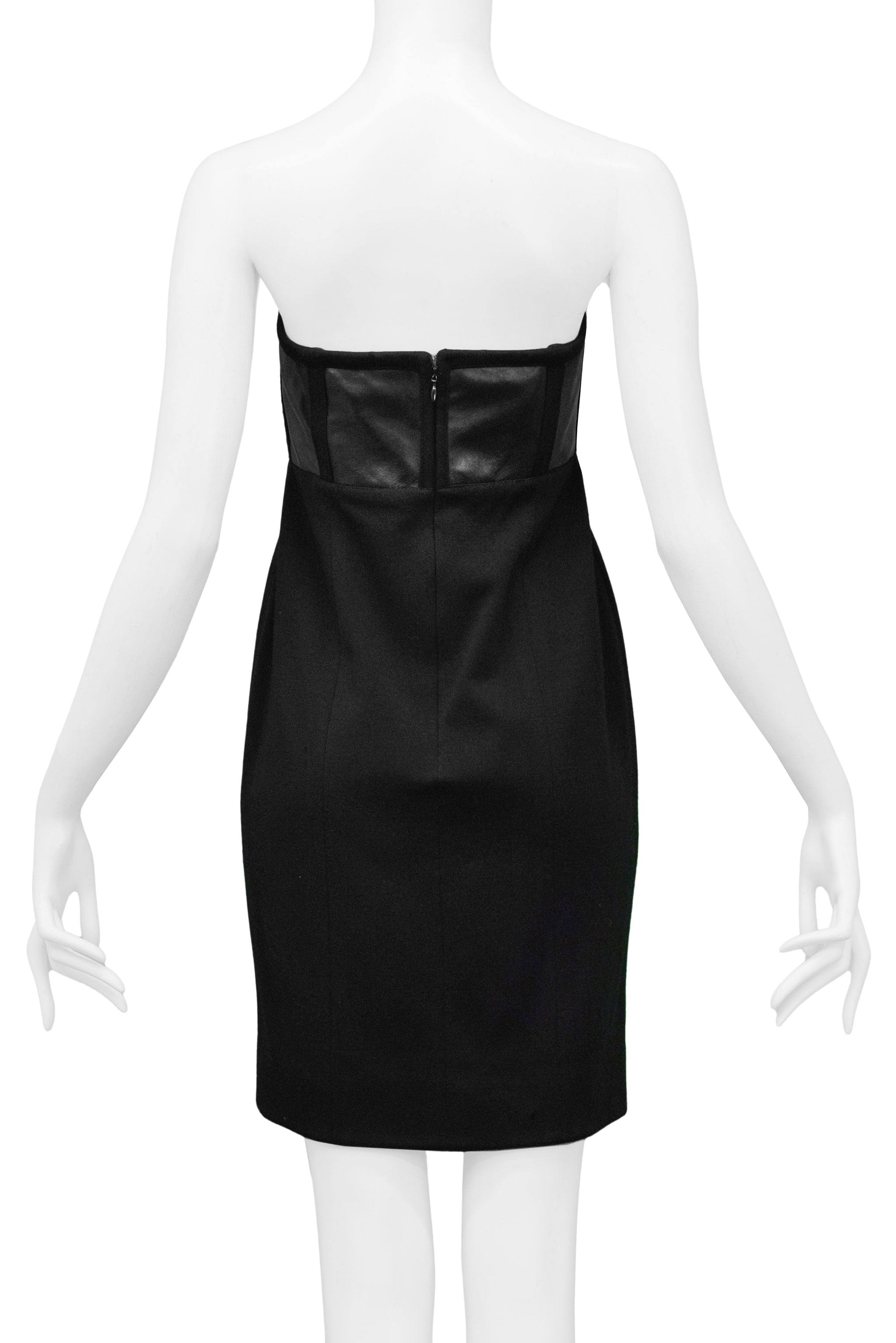 GEOFFREY BEENE BLACK LEATHER & WOOL STRAPLESS DRESS