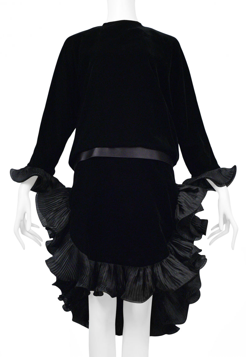PIERRE CARDIN BLACK VELVET DROP WAIST PLEATED RUFFLE DRESS