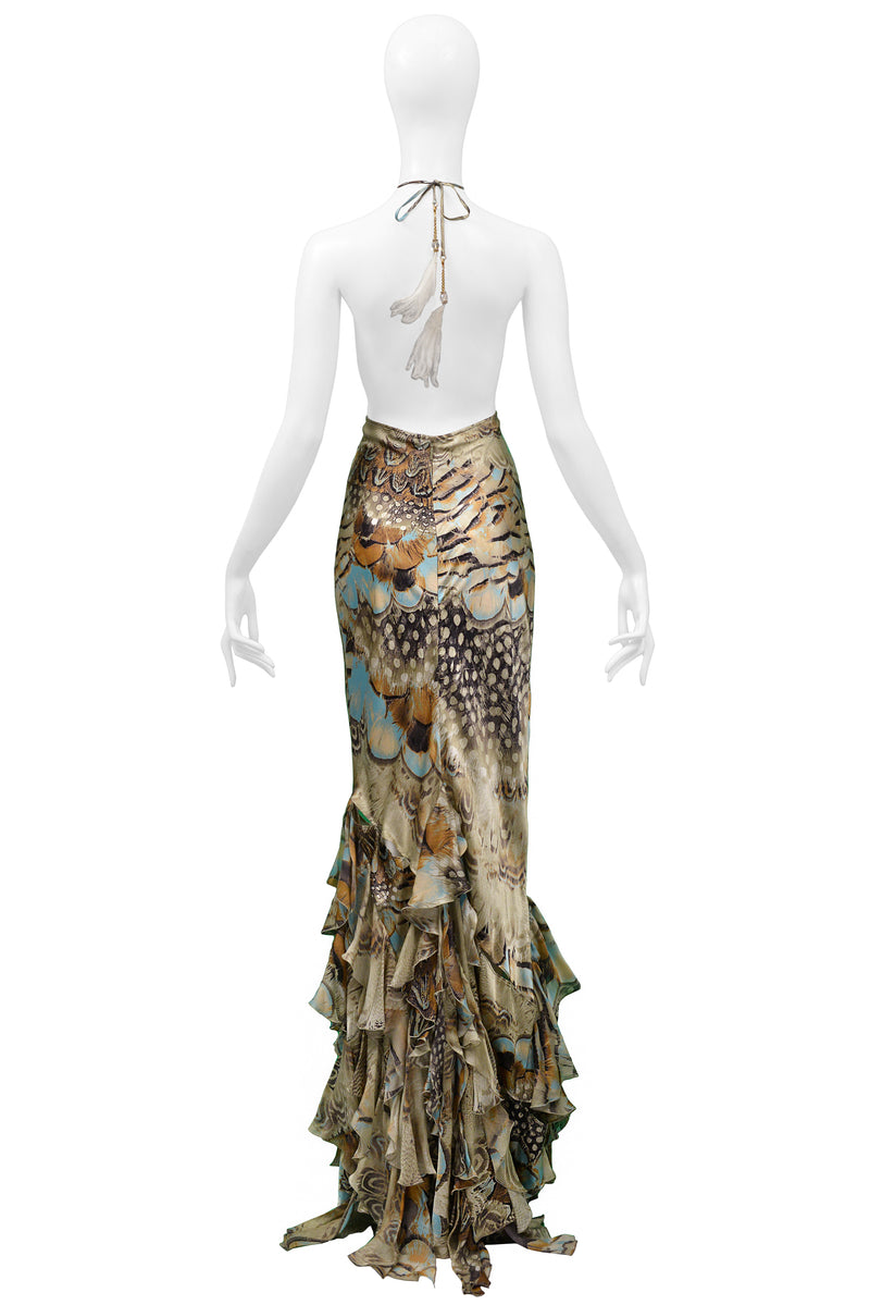 ROBERTO CAVALLI VINTAGE SATIN FEATHER RUFFLE GOWN 2004 RUNWAY