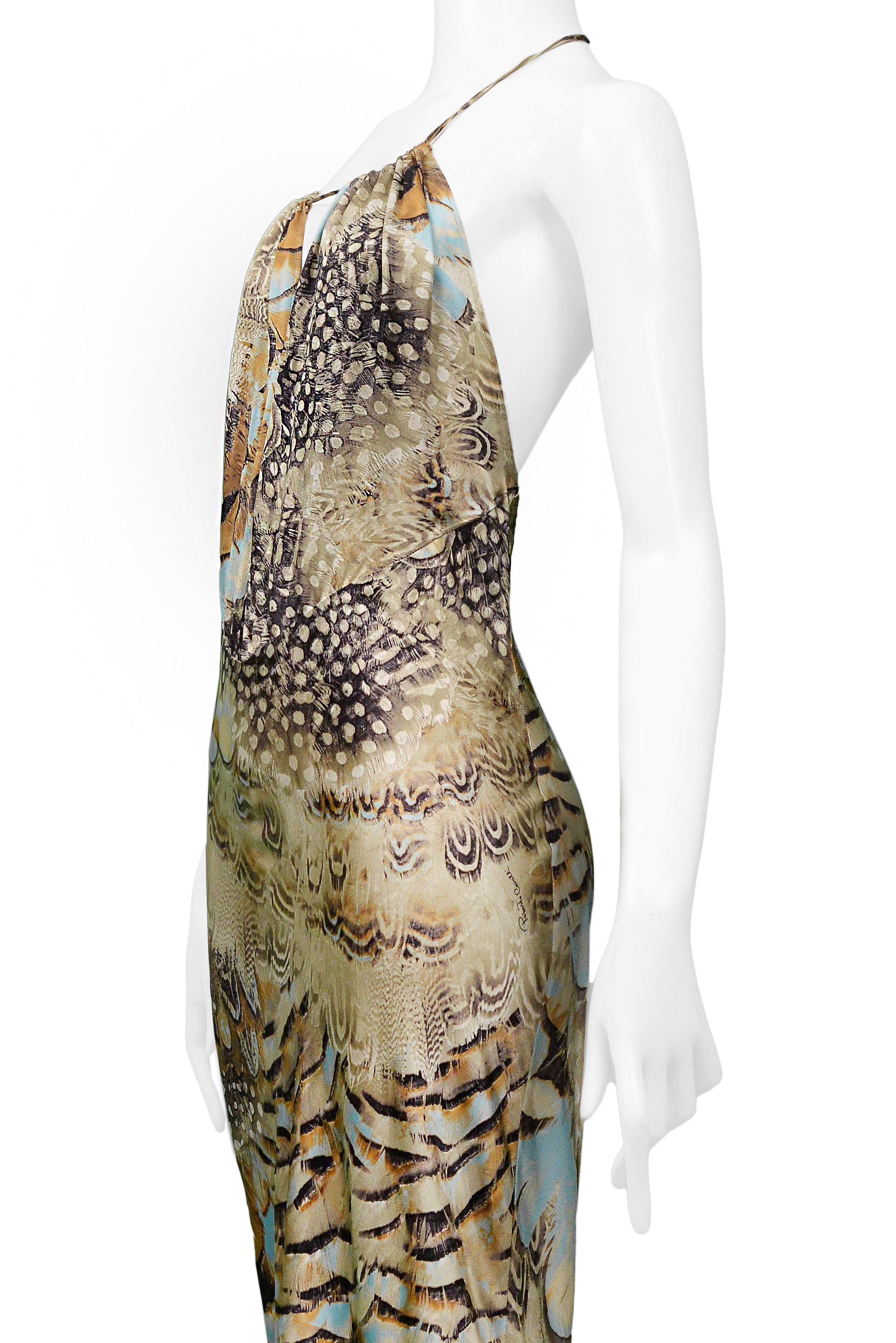 ROBERTO CAVALLI VINTAGE SATIN FEATHER RUFFLE GOWN 2004 RUNWAY