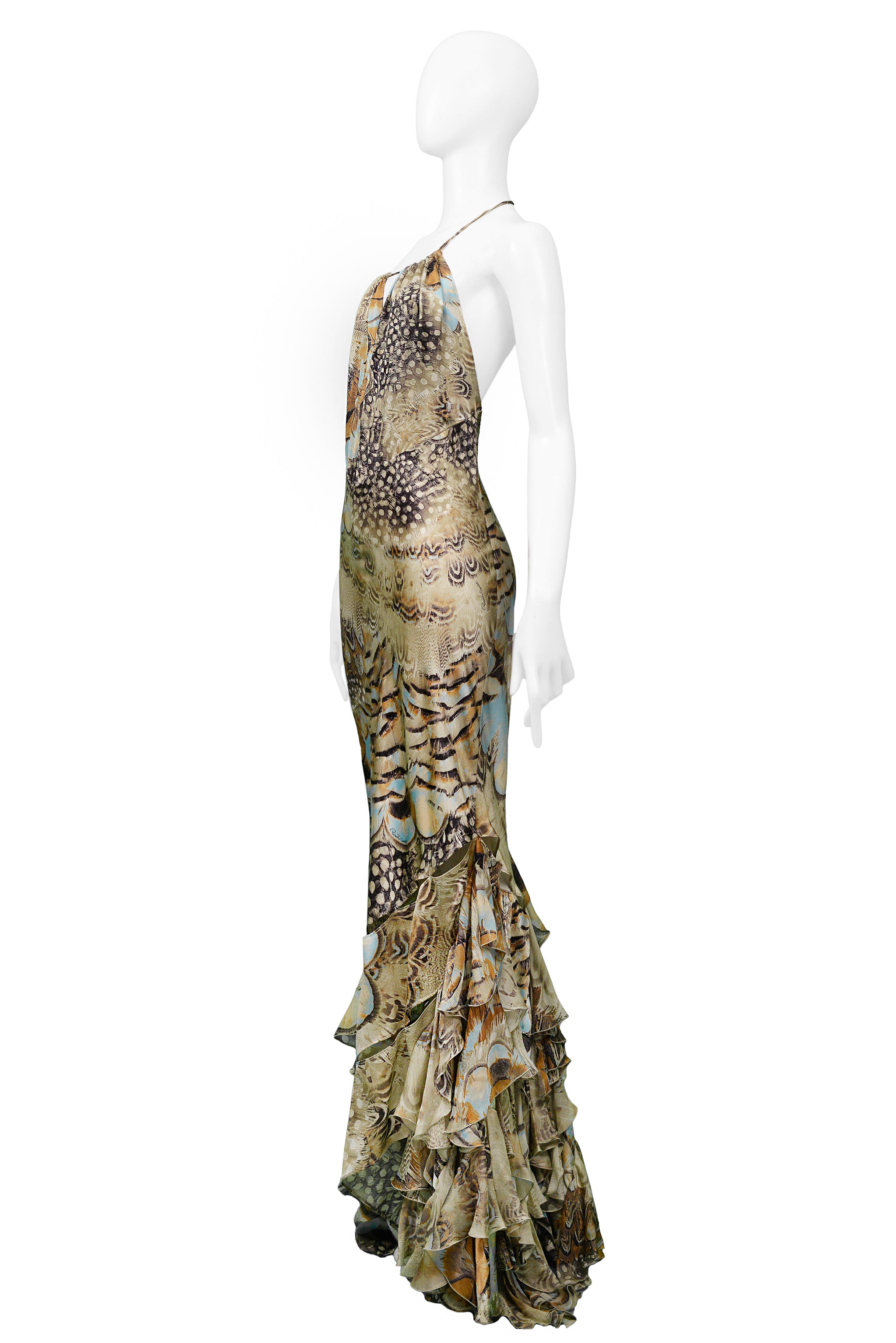 ROBERTO CAVALLI VINTAGE SATIN FEATHER RUFFLE GOWN 2004 RUNWAY