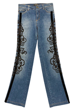 ROBERTO CAVALLI DENIM JEANS W BLACK VELVET APPLIQUE