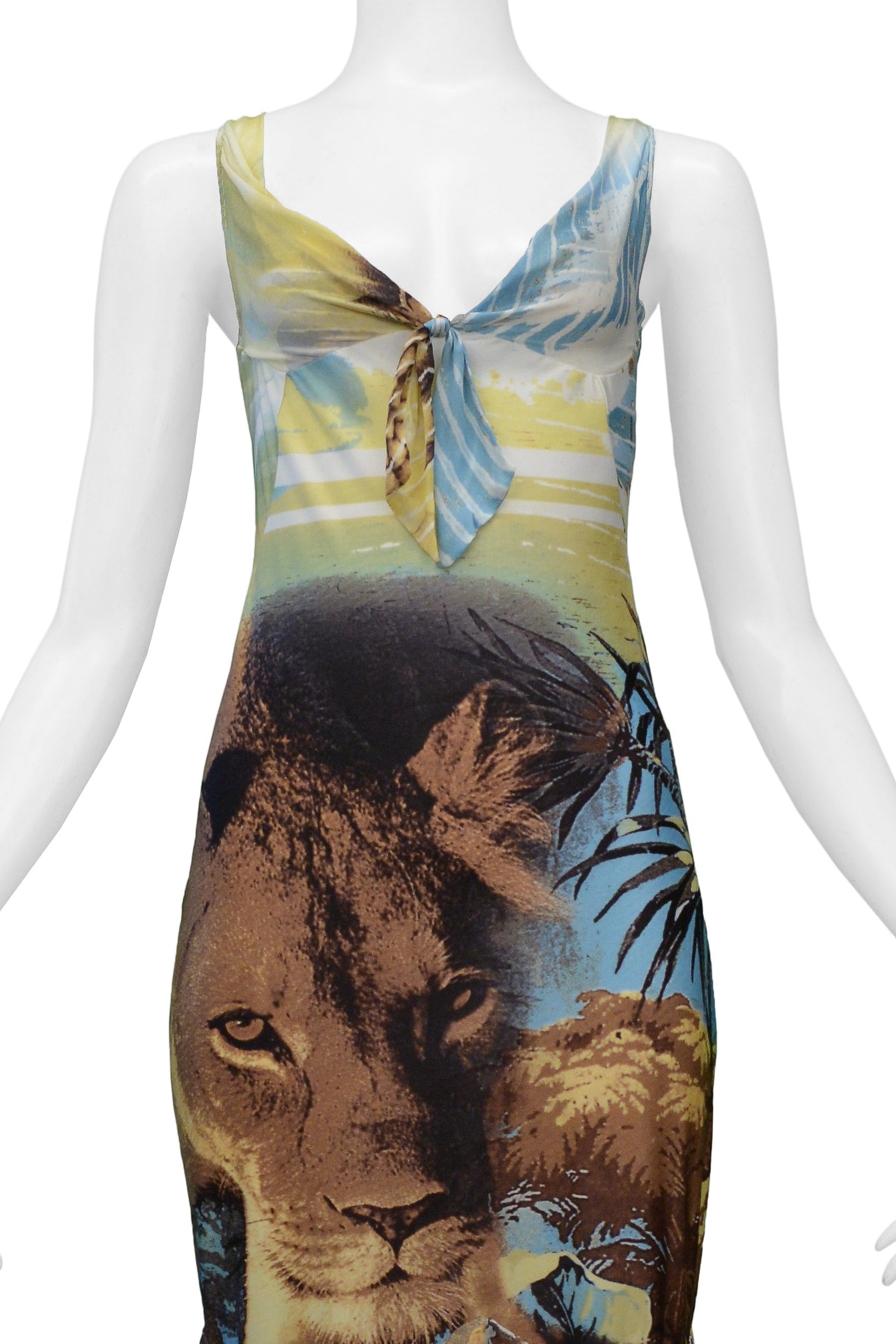 ROBERTO CAVALLI LION PRINT DRESS WITH CHIFFON RUFFLES