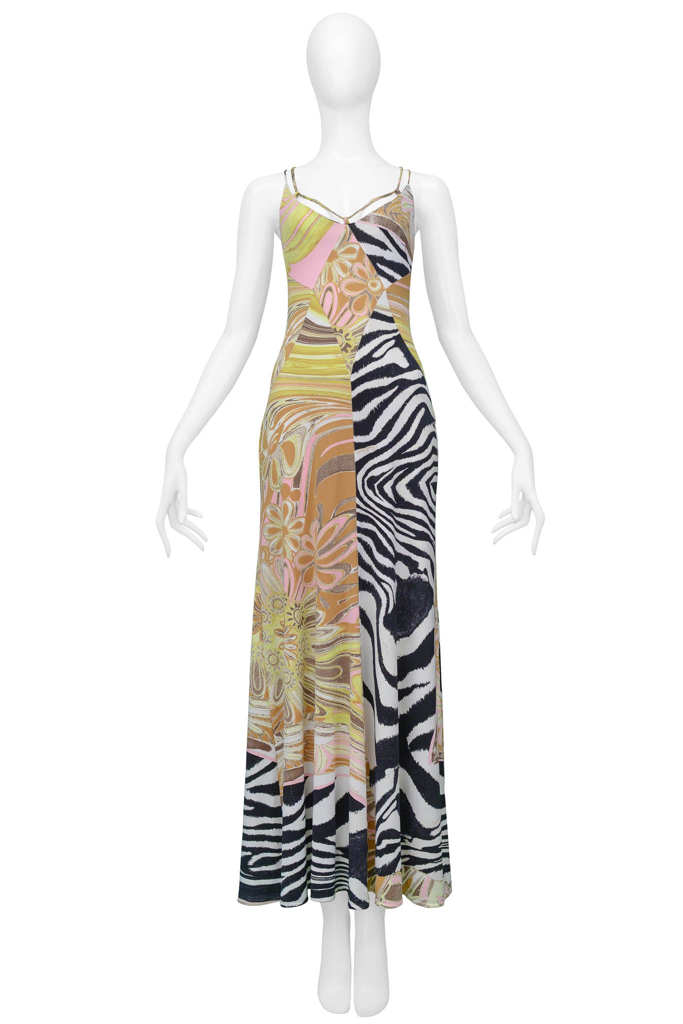 ROBERTO CAVALLI ZEBRA & FLORAL MULTI PRINT MAXI DRESS