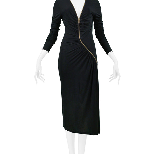 ROBERTO CAVALLI RUNWAY BLACK ZIP EMBELLISHED LONG DRESS
