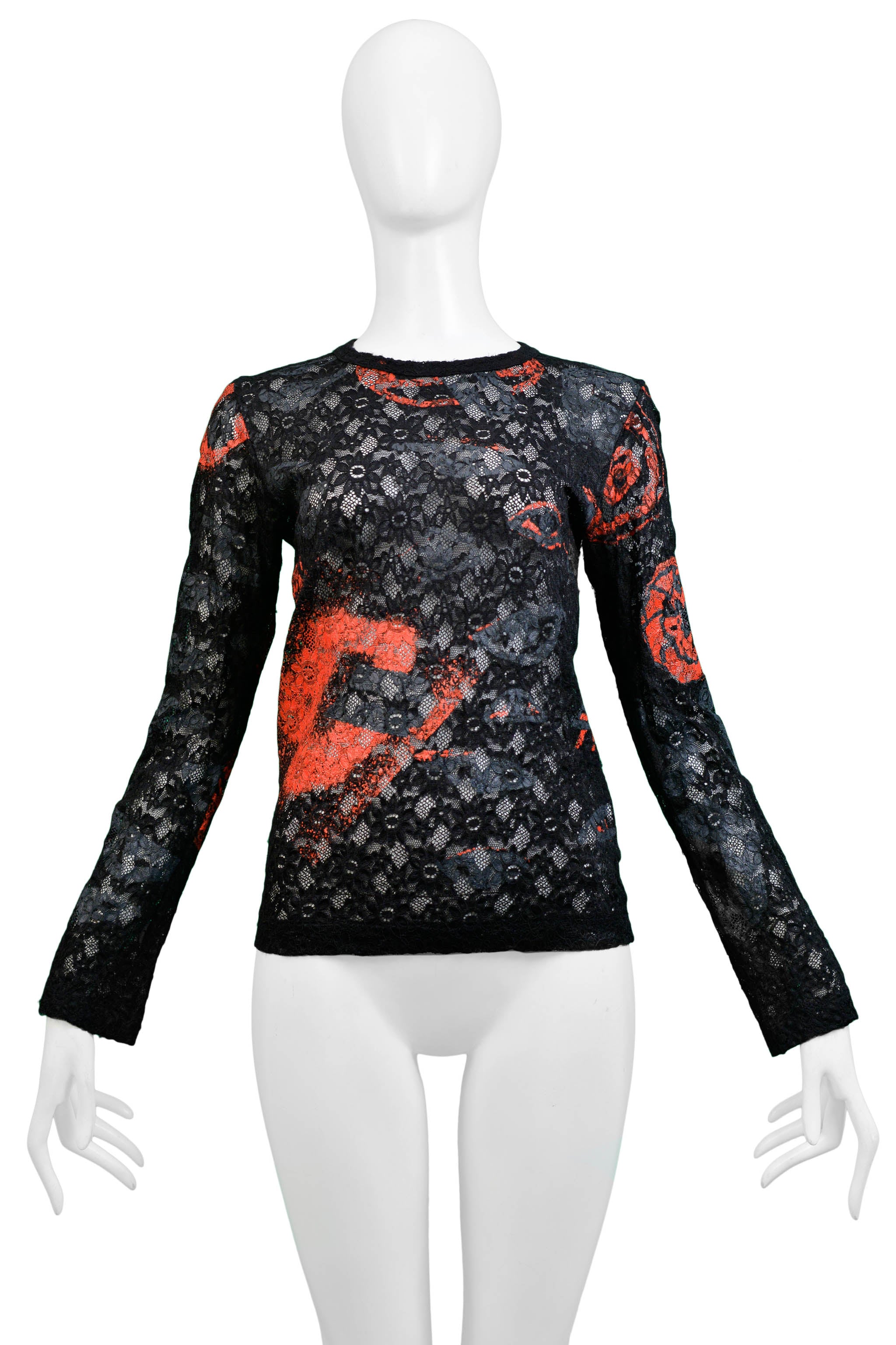COMME DES GARCONS BLACK, RED & GREY PRINTED LACE TOP 2000