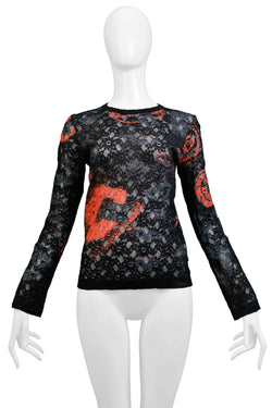 COMME DES GARCONS BLACK, RED & GREY PRINTED LACE TOP 2000