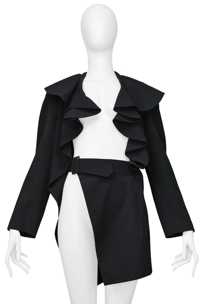 COMME DES GARCONS BLACK RUFFLE JACKET WITH ATTACHED BELT & FRONT PANEL