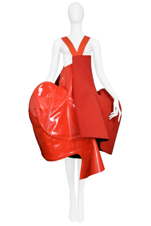 COMME DES GARCONS RED WOOL & VINYL STRUCTURED APRON DRESS BLOOD AND ROSES 2015