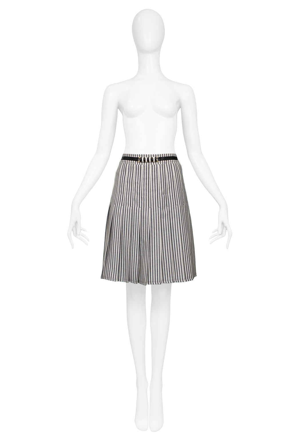 celine black & white stripe box pleat skirt with hardware