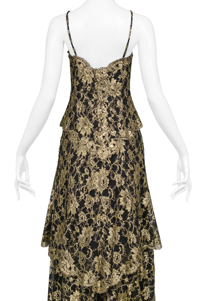 CHANEL GOLD & BLACK LACE EVENING GOWN 1986