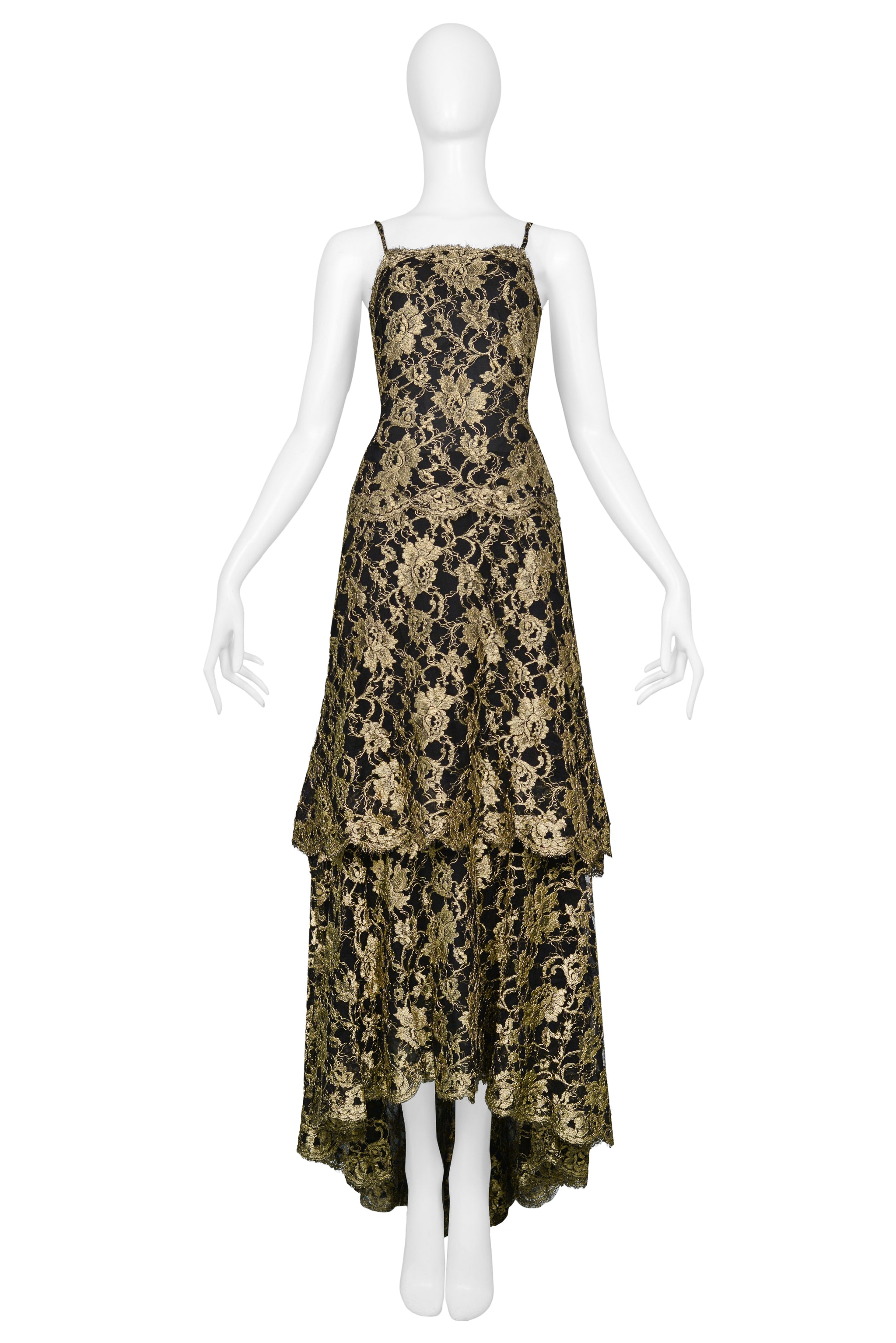 CHANEL GOLD & BLACK LACE EVENING GOWN 1986