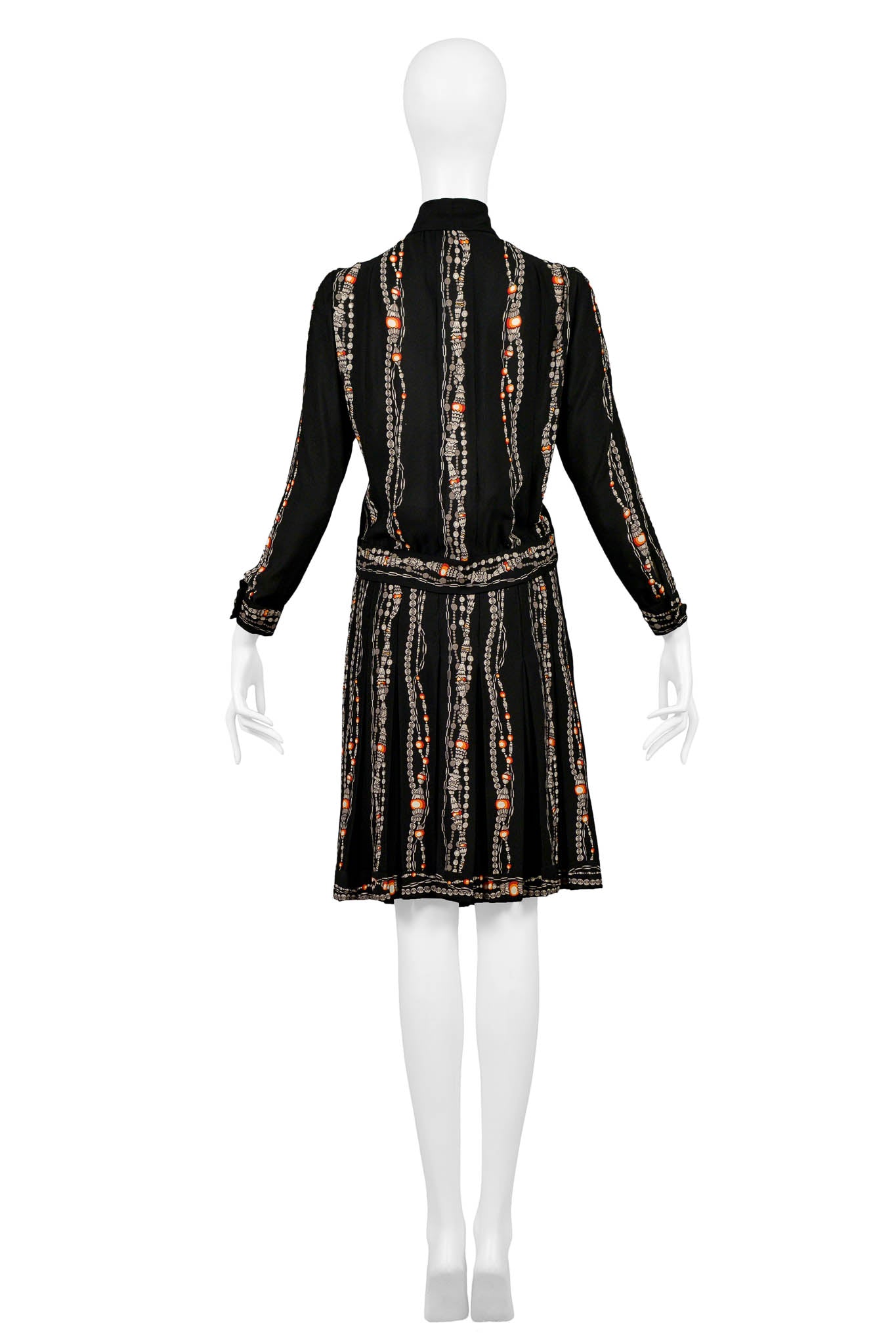 CHANEL BLACK SKIRT SUIT WITH ICONIC BEAD & PEARL NECKLACE PRINT