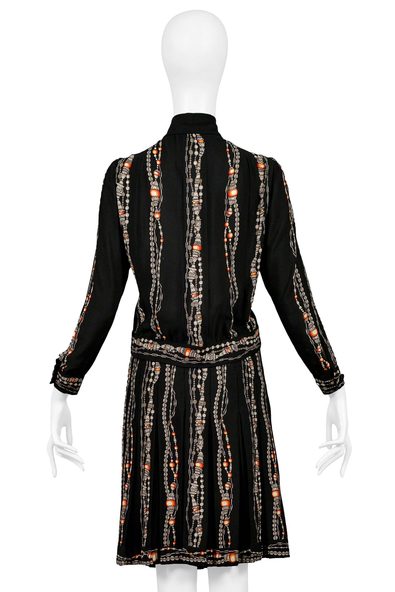 CHANEL BLACK SKIRT SUIT WITH ICONIC BEAD & PEARL NECKLACE PRINT