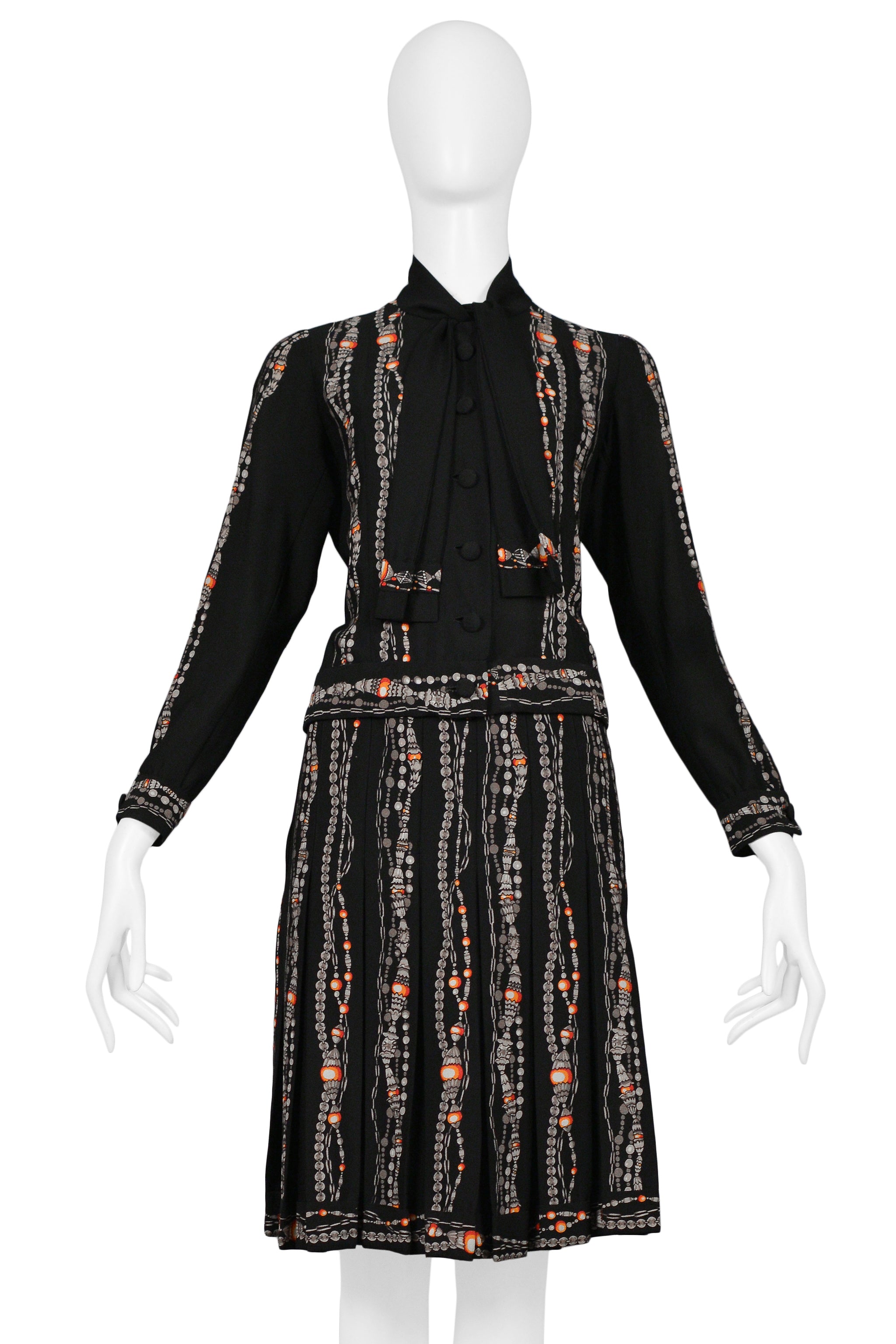 CHANEL BLACK SKIRT SUIT WITH ICONIC BEAD & PEARL NECKLACE PRINT